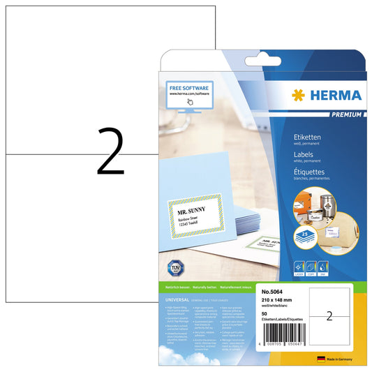 HERMA Universaletikett PREMIUM 210 x 148 mm (B x H) nicht wieder ablösbar Papier weiß 50 Etik./Pack.