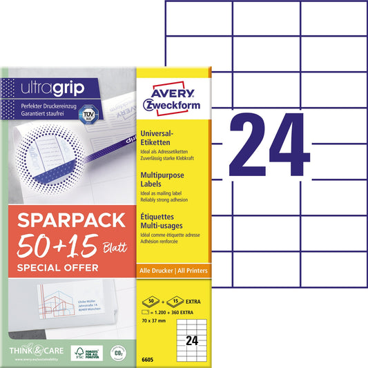 Avery Zweckform Universaletikett ultragrip SPARPACK 50 + 15 Blatt 70 x 37 mm (B x H) nicht wieder ablösbar Papier weiß 1.560 Etik./Pack.