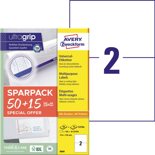 Avery Zweckform Universaletikett ultragrip SPARPACK 50 + 15 Blatt 210 x 148 mm (B x H) nicht wieder ablösbar Papier weiß 130 Etik./Pack.