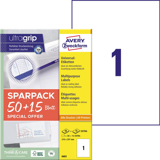 Avery Zweckform Universaletikett ultragrip SPARPACK 50 + 15 Blatt 210 x 297 mm (B x H) nicht wieder ablösbar Papier weiß 65 Etik./Pack.
