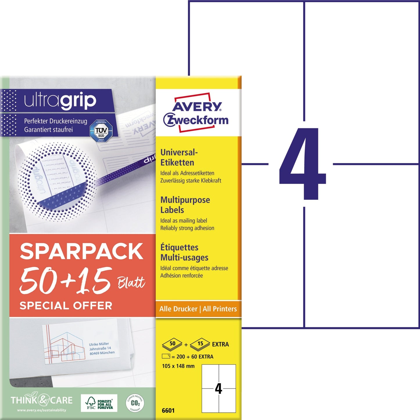 Avery Zweckform Universaletikett ultragrip SPARPACK 50 + 15 Blatt 105 x 148 mm (B x H) nicht wieder ablösbar Papier weiß 260 Etik./Pack.