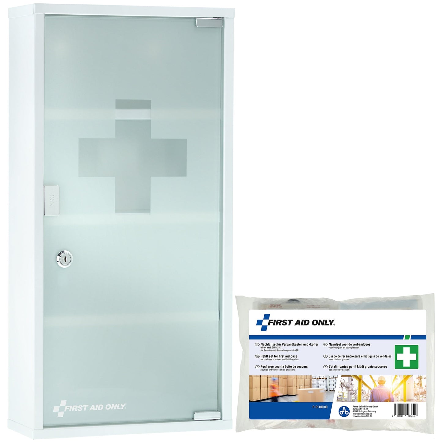 FIRST AID ONLY Verbandschrank gefüllt DIN 13157 Metall, lackiert weiß