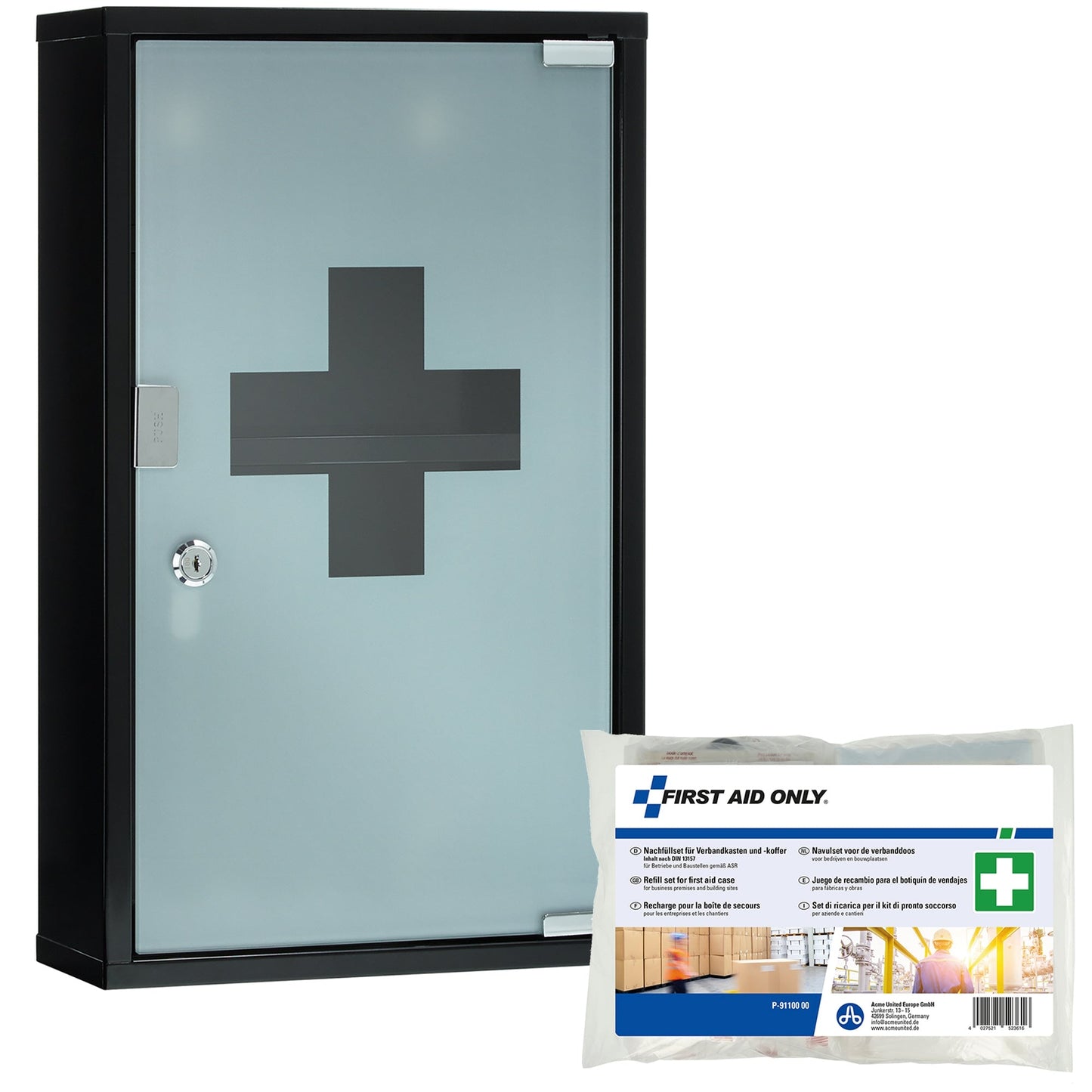 FIRST AID ONLY Verbandschrank gefüllt DIN 13169 Metall, lackiert schwarz