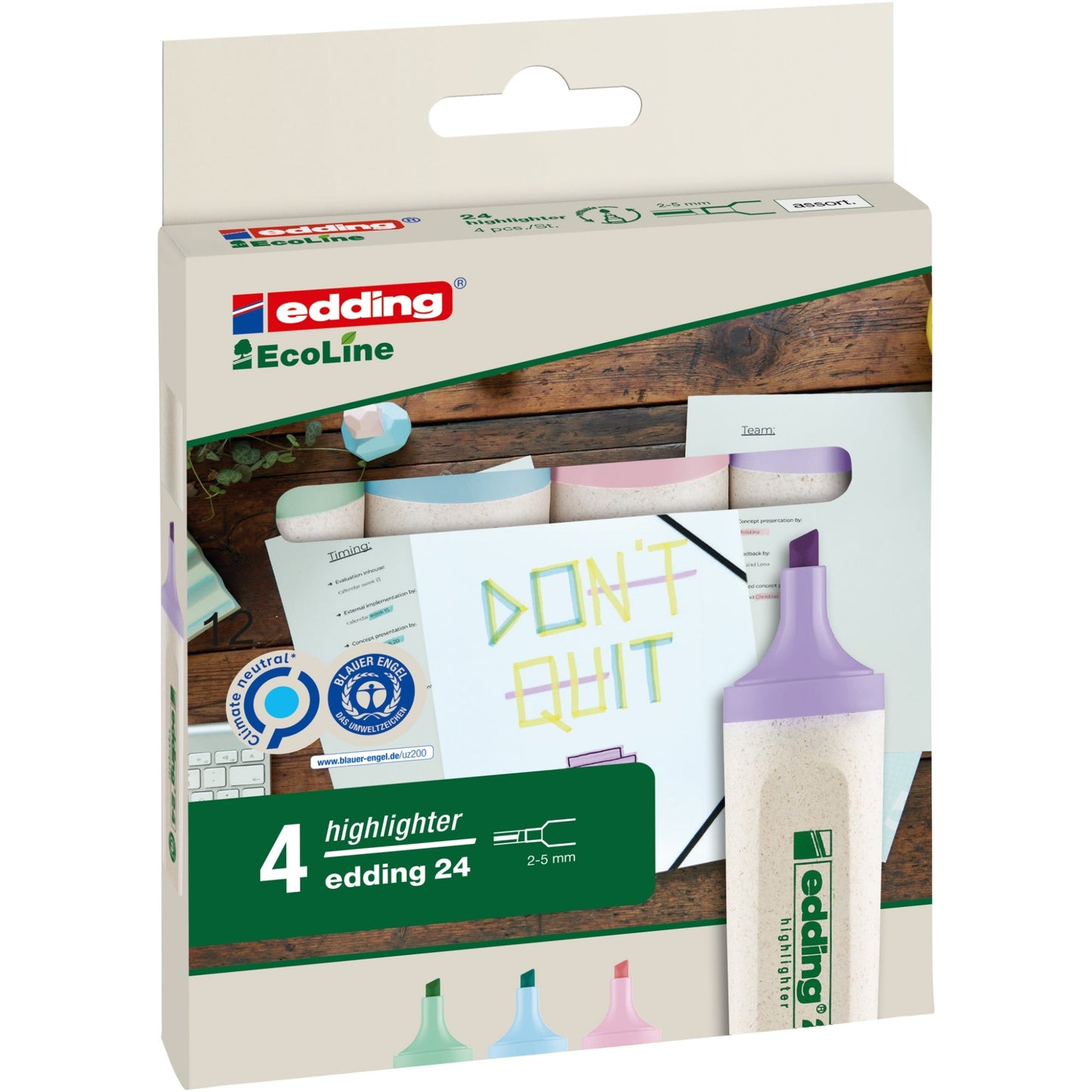 edding Textmarker Highlighter 24 EcoLine 2-5mm farbig sortiert Keilspitze 4 St./Pack.