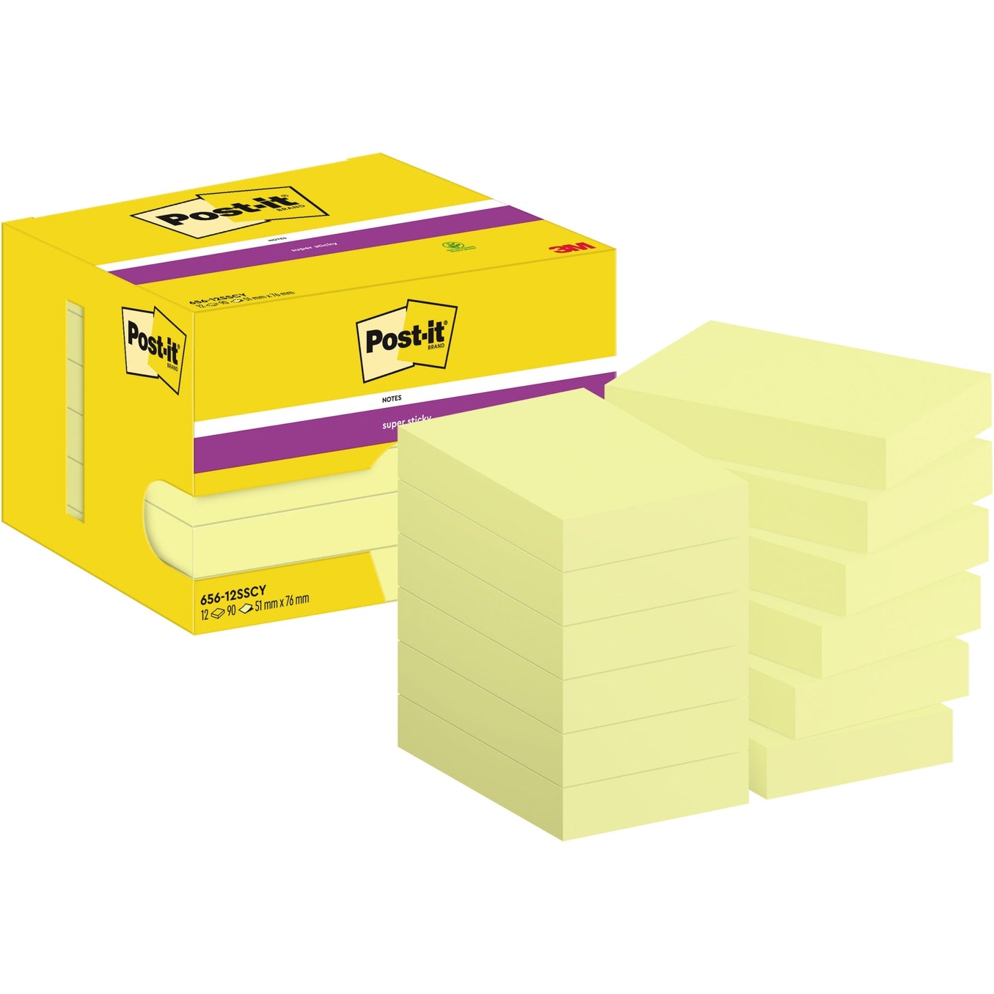 Post-it® Haftnotiz Super Sticky Notes 73 x 47,6 mm (B x H) gelb 90 Bl./Block 12 Block/Pack.