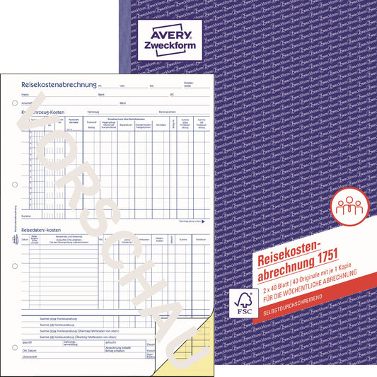 Avery Zweckform Reisekostenabrechnung 1751 DIN A4 1 Durchschlag 2 x 40 Bl.
