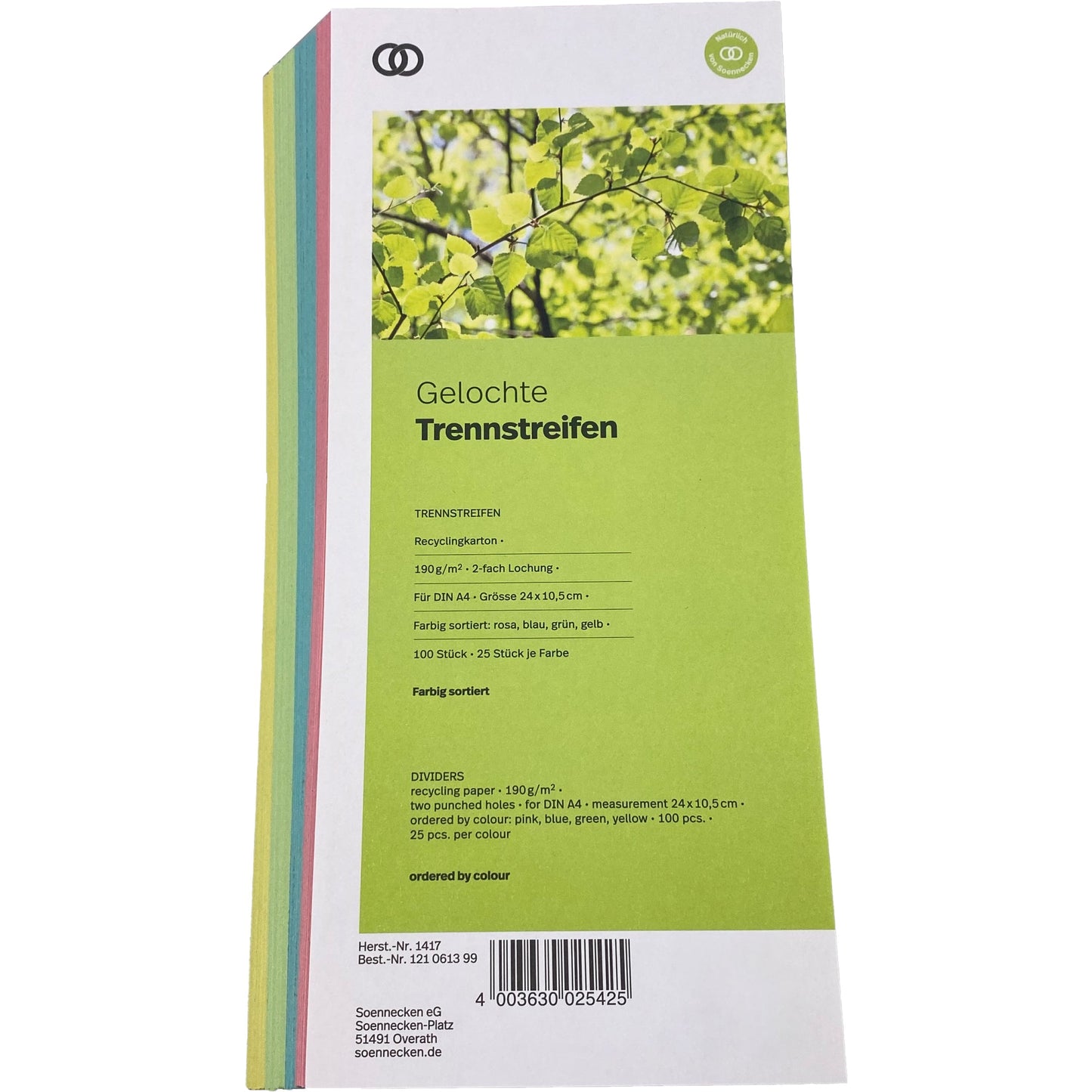 Soennecken Trennstreifen oeco 24 x 10,5 cm (B x H) 190g/m² Recyclingkarton je 25 x rosa, blau, gelb, grün 100 St./Pack.