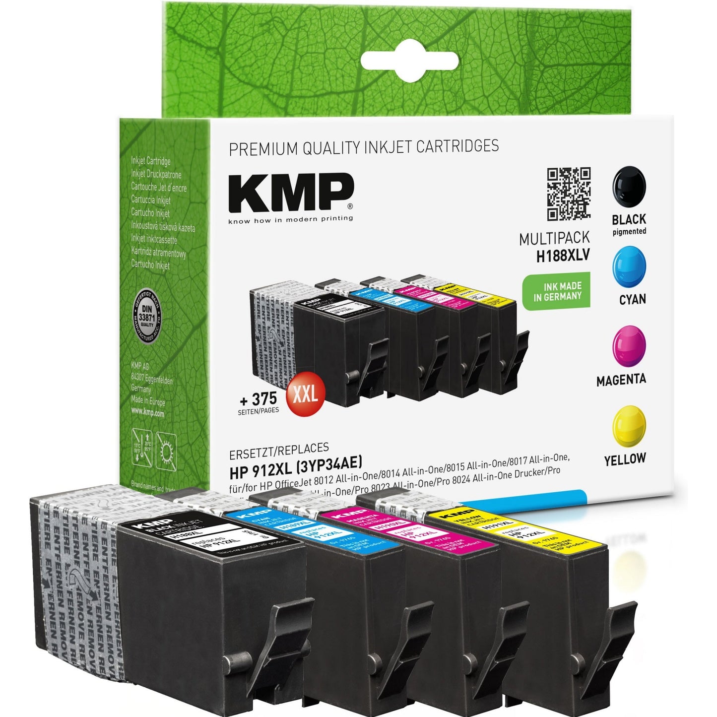 KMP Tintenpatrone kein Originalzubehör Kompatibel mit: HP 912XL H 188XLV ca. 1.200 Seiten schwarz, ca. 3 x 900 Seiten farbig schwarz, mehrfarbig 4 St./Pack.