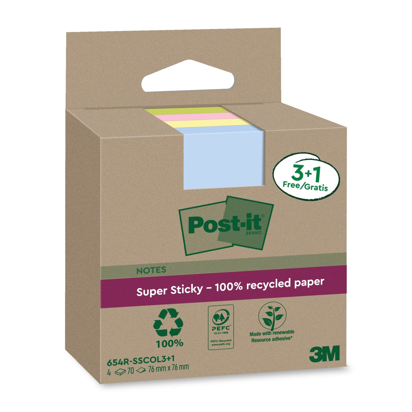 Post-it® Haftnotiz Recycling Notes Super Sticky 76 x 76 mm (B x H) je 1 x denimblau, gelb, rosa, limonengrün 70 Bl./Block 4 Block/Pack.