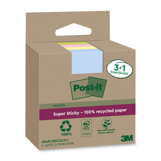 Post-it® Haftnotiz Recycling Notes Super Sticky 76 x 76 mm (B x H) je 1 x denimblau, gelb, rosa, limonengrün 70 Bl./Block 4 Block/Pack.