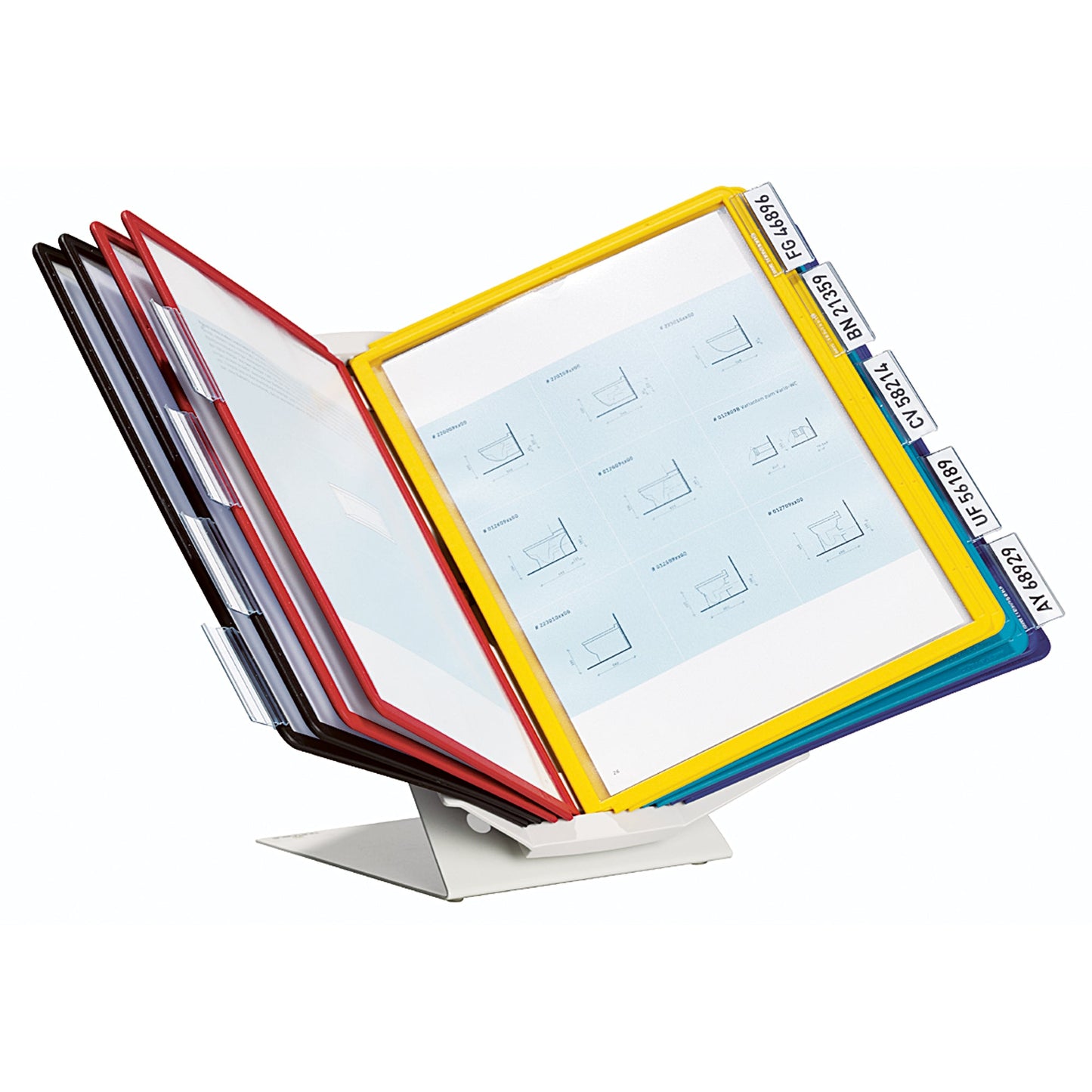 DURABLE Sichttafelständer VARIO® PRO 10 25,2 x 39,5 x 15,8 cm (B x H x T) Stahl/Polyurethan/Polyamid/Polypropylen/PVC Anzahl der mitgelieferten Sichttafeln: 10 Sichttafeln je 2 x schwarz, gelb, grün, rot, dunkelblau