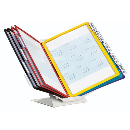 DURABLE Sichttafelständer VARIO® PRO 10 25,2 x 39,5 x 15,8 cm (B x H x T) Stahl/Polyurethan/Polyamid/Polypropylen/PVC Anzahl der mitgelieferten Sichttafeln: 10 Sichttafeln je 2 x schwarz, gelb, grün, rot, dunkelblau