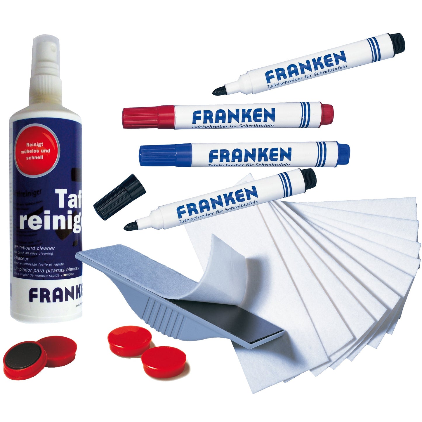 FRANKEN Starterset Magnettafel Junior Line 1 x Reinigungsspray 125 ml, 1 x Tafelwischer magnetisch, 10 Bl. Löschfilz, 4 x Tafelschreiber farbig sortiert, 4 x Haftmagnete Ø 32 mm