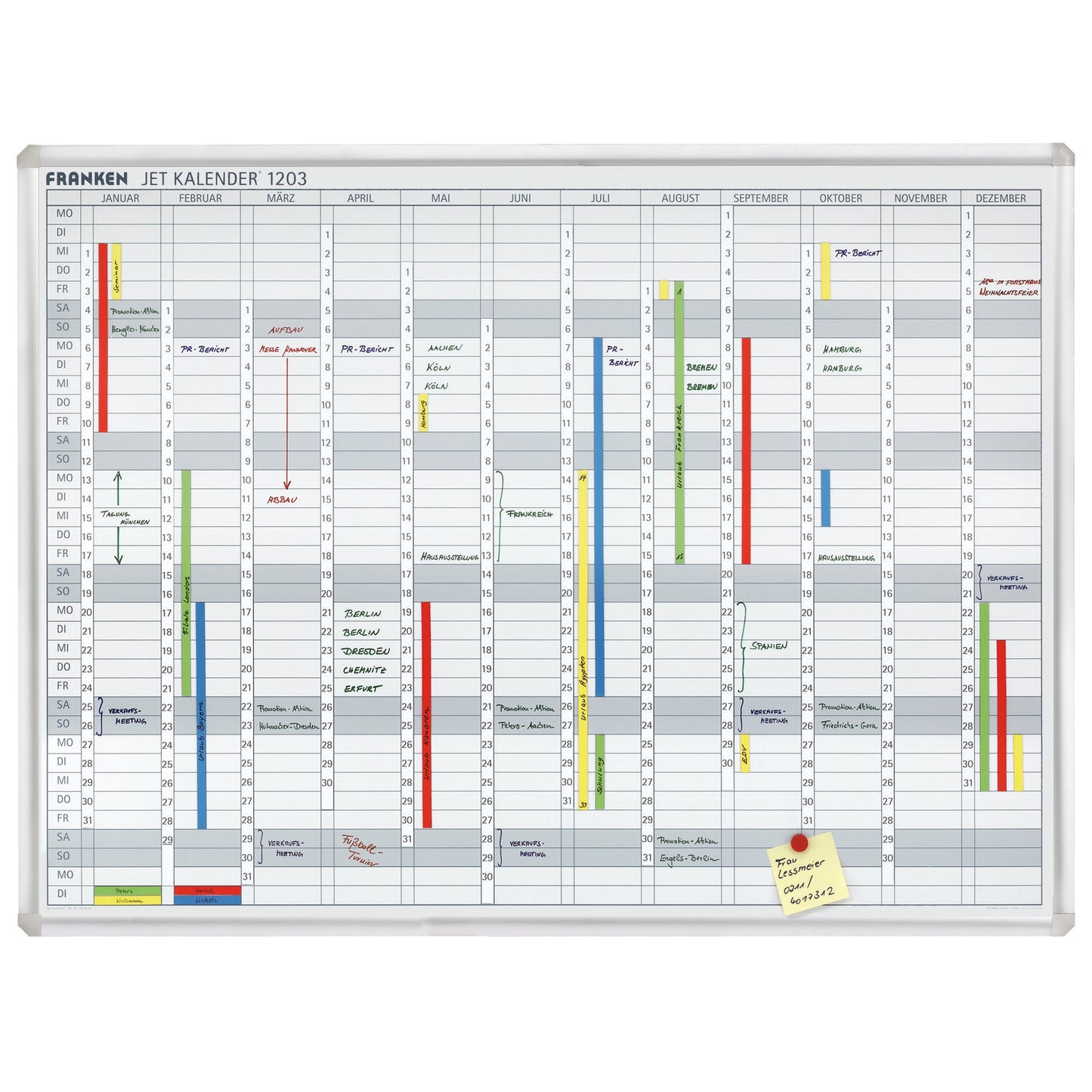 FRANKEN Jahresplaner JetKalender 1203 120 x 90 cm (B x H) 12 Monate inkl. Tafelschreiber trocken abwischbar, FineMarker feucht abwischbar, 3 Haftmagnete Aluminium/Kunststoff weiß