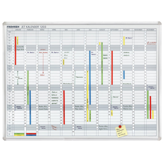 FRANKEN Jahresplaner JetKalender 1203 120 x 90 cm (B x H) 12 Monate inkl. Tafelschreiber trocken abwischbar, FineMarker feucht abwischbar, 3 Haftmagnete Aluminium/Kunststoff weiß