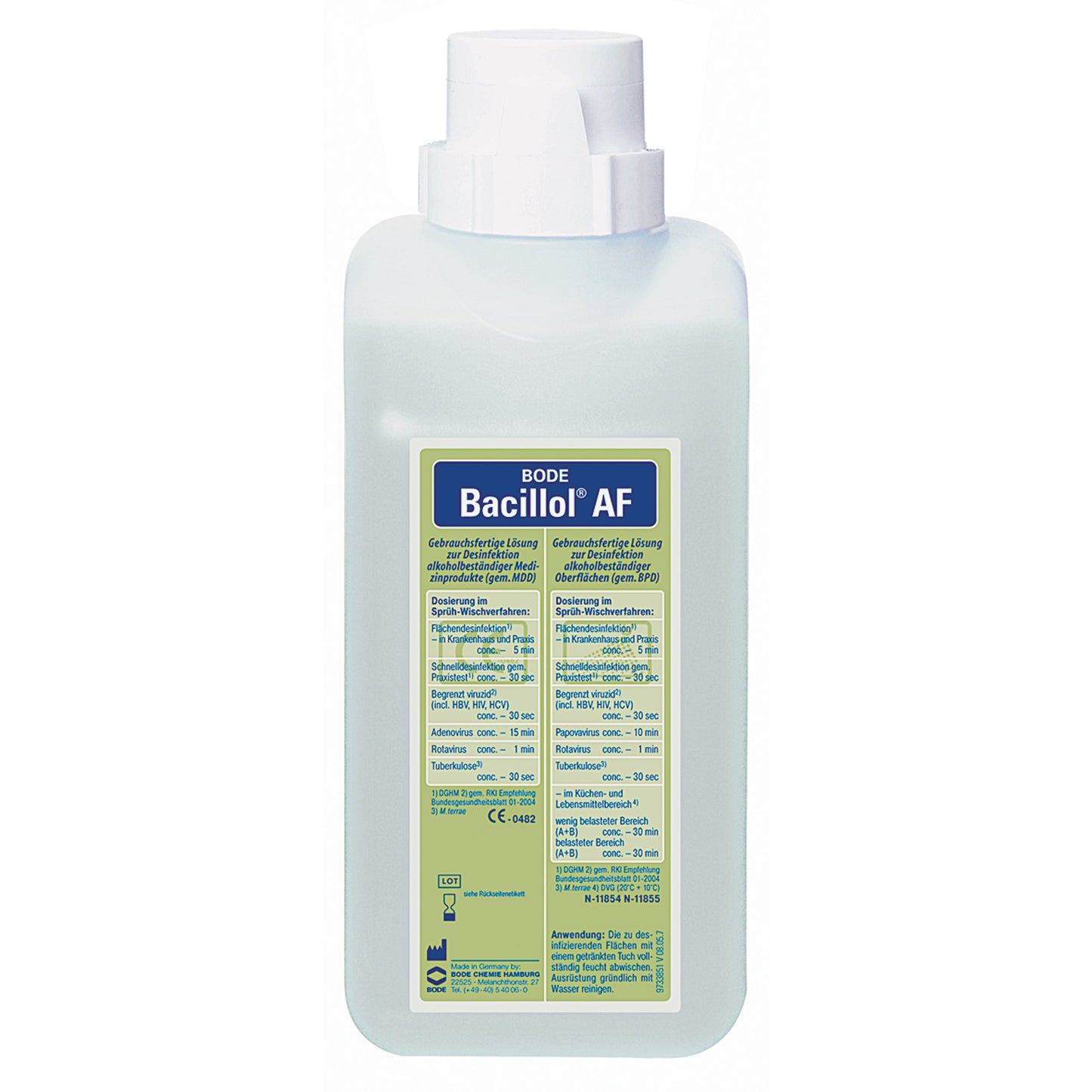 Bacillol® Flächendesinfektion Bacillol AF medizinische Geräte, -Inventar, Krankenhaus, Altenheim, Großküche, Lebensmittelbereich nicht alkoholfrei nicht dermatologisch getestet bakterizid, levurozid, fungizid, tuberkulozid, mykobakterizid, viruzid 6