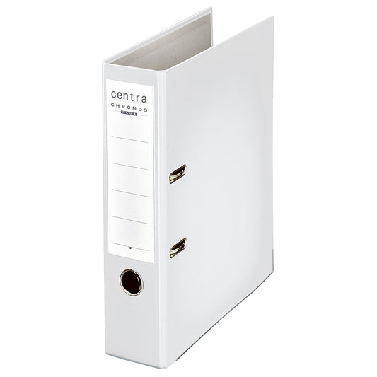 Centra Ordner Chromos 80mm DIN A4 Rückenschild: einsteckbar mit Schlitzen Werkstoff: Kunststoff Material außen: Plastik Material innen: Papier weiß