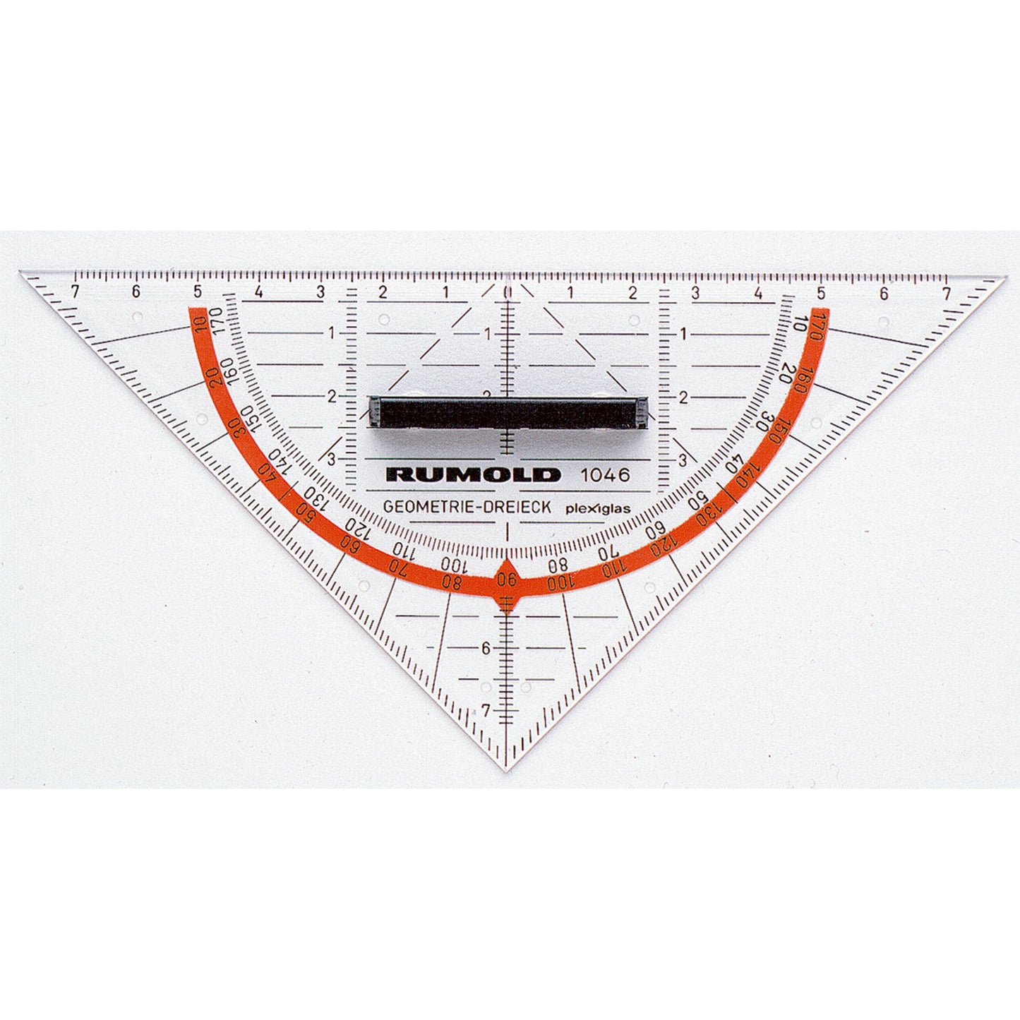 RUMOLD Geometriedreieck 16cm mit farbig hinterlegten Winkelgraden mit Griff Acrylglas transparent