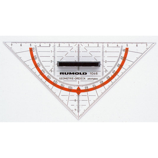 RUMOLD Geometriedreieck 16cm mit farbig hinterlegten Winkelgraden mit Griff Acrylglas transparent