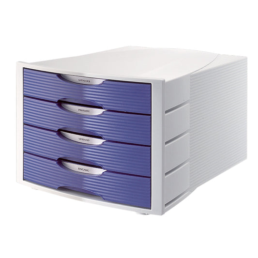 Soennecken Schubladenbox 4 Schubladen DIN A4 Polystyrol Gehäusefarbe: lichtgrau Farbe der Schublade: blau
