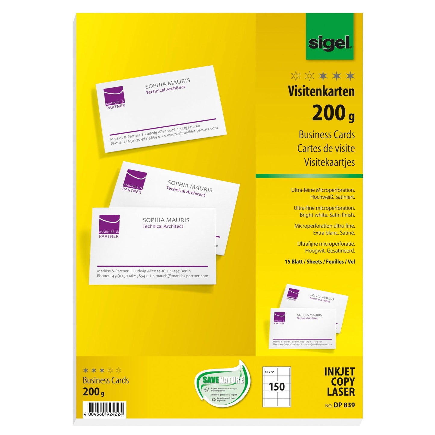 SIGEL Visitenkarte DIN A4 200g/m² hochweiß 15 Bl./Pack. 150 St./Pack.