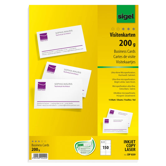 SIGEL Visitenkarte DIN A4 200g/m² hochweiß 15 Bl./Pack. 150 St./Pack.