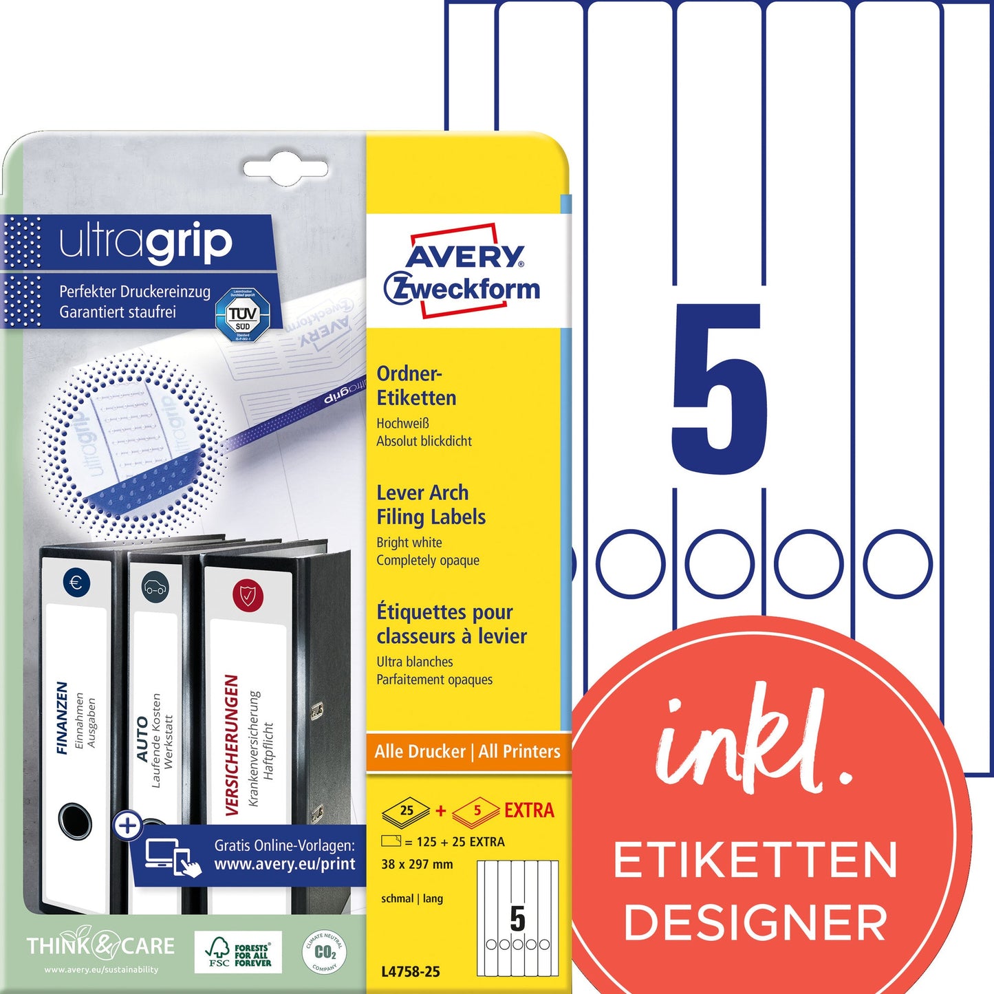 Avery Zweckform Ordnerrückenetikett ultragrip schmal/lang 38 x 297 mm (B x H) selbstklebend mit Griffloch weiß 150 Etik./Pack.
