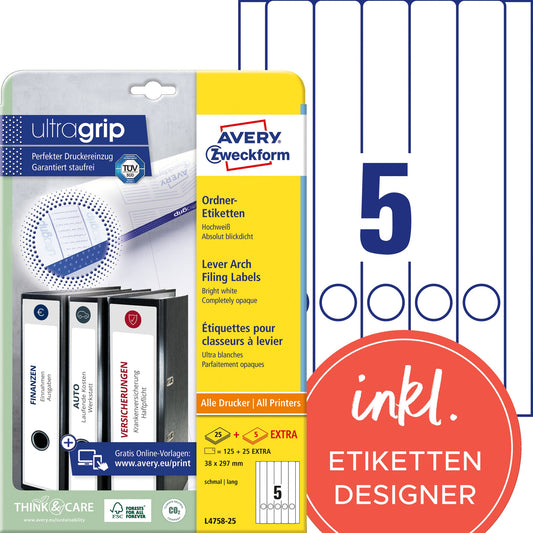 Avery Zweckform Ordnerrückenetikett ultragrip schmal/lang 38 x 297 mm (B x H) selbstklebend mit Griffloch weiß 150 Etik./Pack.