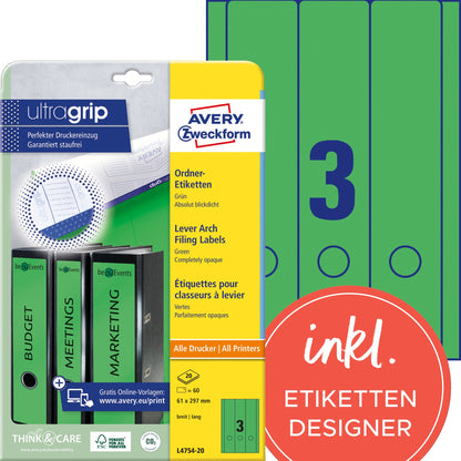 Avery Zweckform Ordnerrückenetikett ultragrip breit/lang 61 x 297 mm (B x H) selbstklebend mit Griffloch grün 60 Etik./Pack.