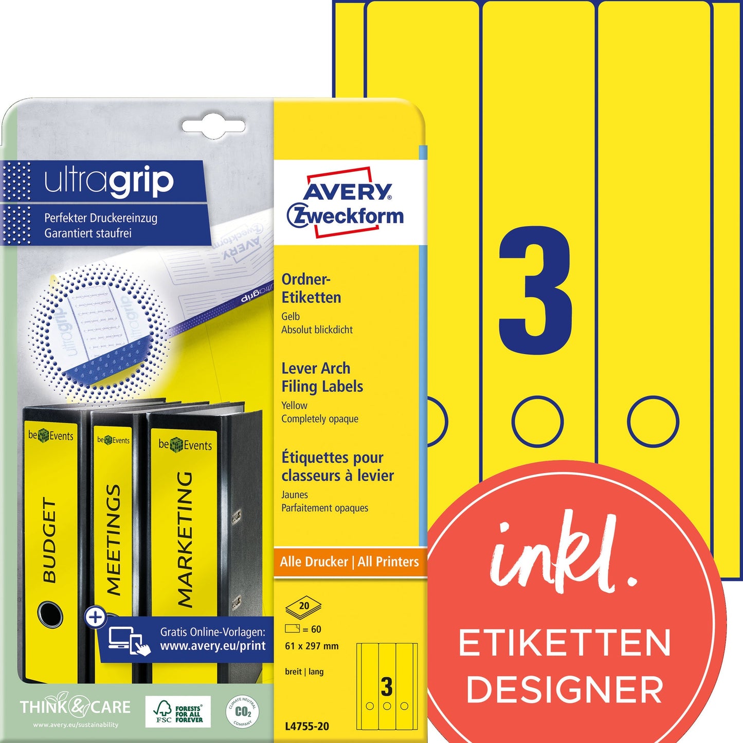 Avery Zweckform Ordnerrückenetikett ultragrip breit/lang 61 x 297 mm (B x H) selbstklebend mit Griffloch gelb 60 Etik./Pack.