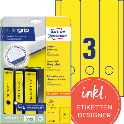 Avery Zweckform Ordnerrückenetikett ultragrip breit/lang 61 x 297 mm (B x H) selbstklebend mit Griffloch gelb 60 Etik./Pack.