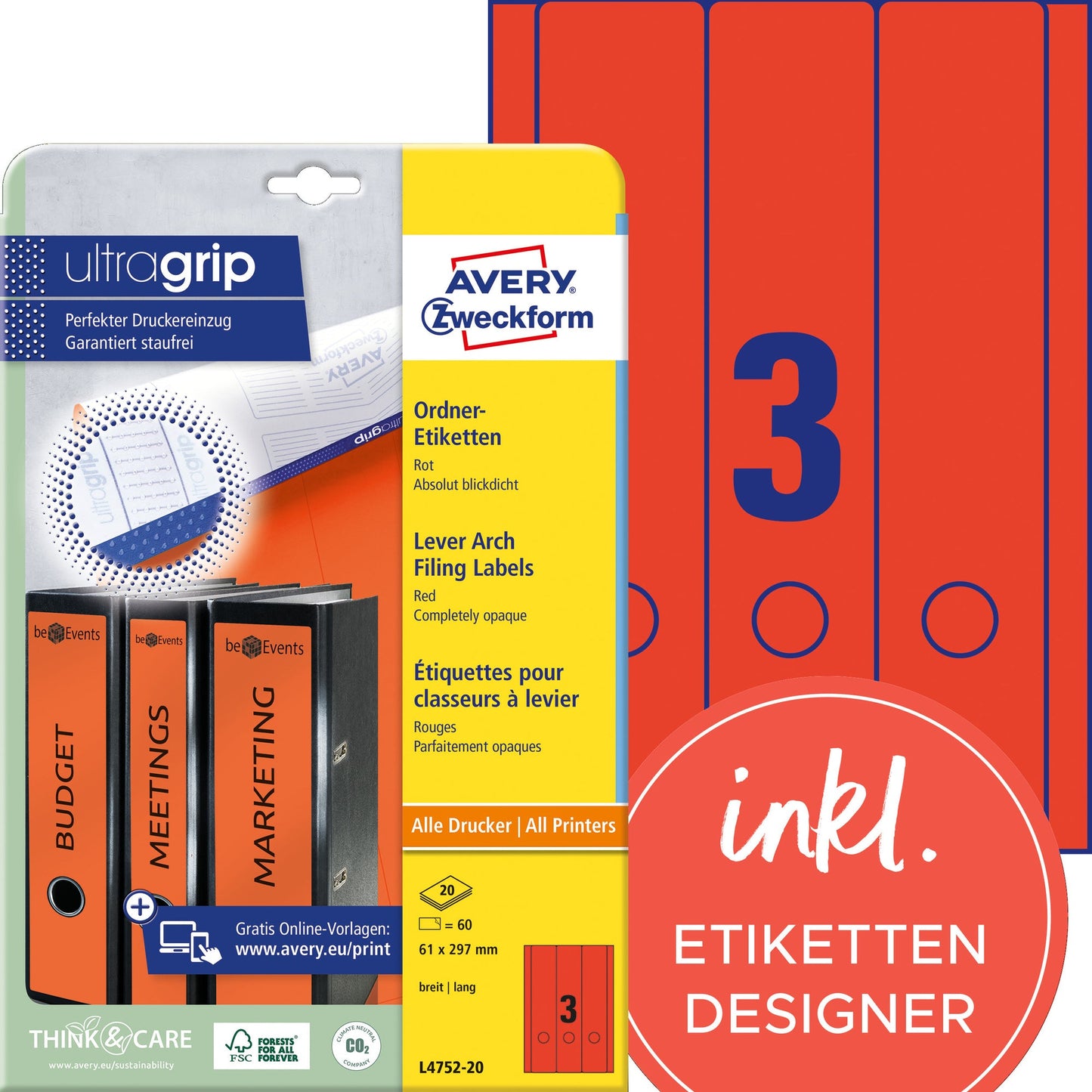 Avery Zweckform Ordnerrückenetikett ultragrip breit/lang 61 x 297 mm (B x H) selbstklebend mit Griffloch rot 60 Etik./Pack.