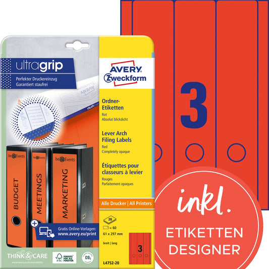 Avery Zweckform Ordnerrückenetikett ultragrip breit/lang 61 x 297 mm (B x H) selbstklebend mit Griffloch rot 60 Etik./Pack.