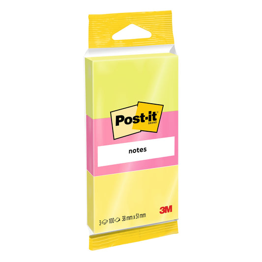 Post-it® Haftnotiz Notes neon 38 x 51 mm (B x H) neongrün, guavapink, neongelb 100 Bl./Block 3 Block/Pack.