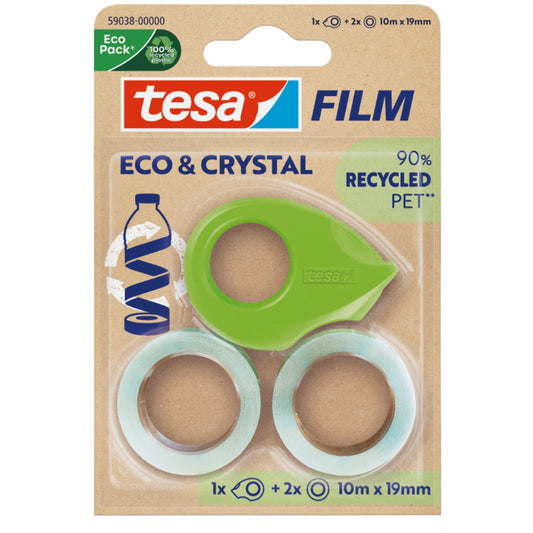 tesa® Klebefilm Eco & Crystal Mini Dispenser 19 mm x 10 m (B x L) einseitig klebend ohne Lösungsmittel inkl. Handabroller aus Plastik, 100 % recycelt Acrylat transparent 2 St./Pack.