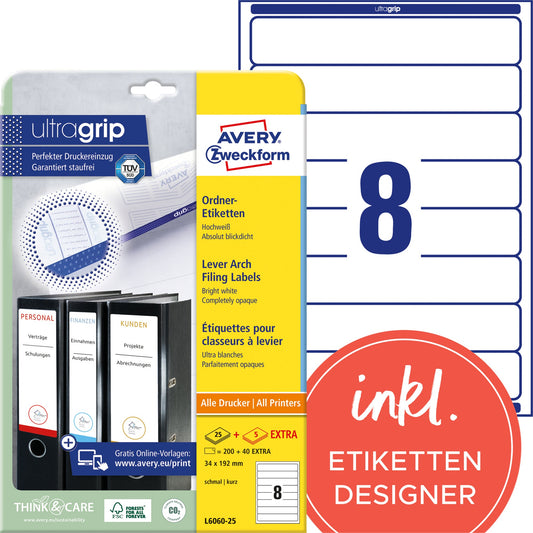 Avery Zweckform Ordnerrückenetikett ultragrip schmal/kurz 34 x 192 mm (B x H) selbstklebend ohne Griffloch weiß 240 Etik./Pack.