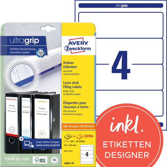 Avery Zweckform Ordnerrückenetikett ultragrip breit/kurz 59 x 192 mm (B x H) selbstklebend ohne Griffloch weiß 120 Etik./Pack.