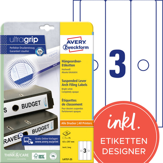 Avery Zweckform Ordnerrückenetikett ultragrip breit/lang 63 x 297 mm (B x H) selbstklebend mit Griffloch weiß 75 Etik./Pack.