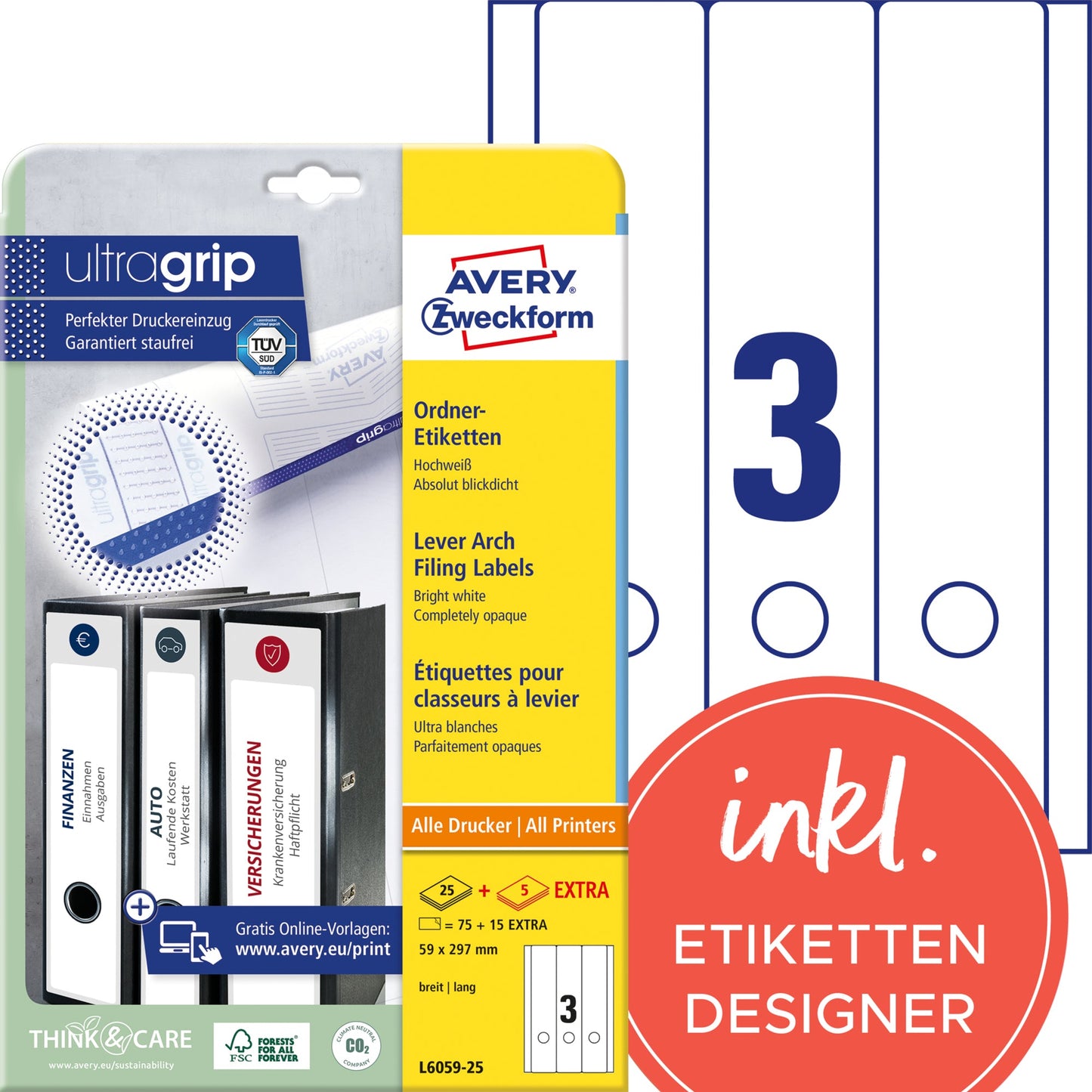 Avery Zweckform Ordnerrückenetikett ultragrip breit/lang 59 x 297 mm (B x H) selbstklebend mit Griffloch weiß 90 Etik./Pack.