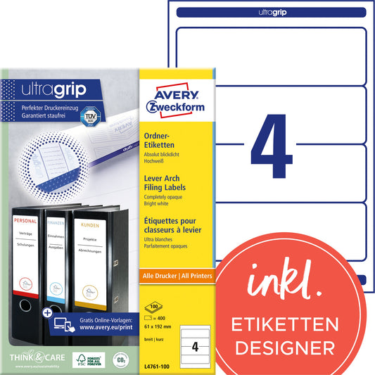 Avery Zweckform Ordnerrückenetikett ultragrip breit/kurz 61 x 192 mm (B x H) selbstklebend ohne Griffloch weiß 400 Etik./Pack.