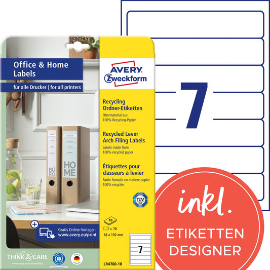 Avery Zweckform Ordnerrückenetikett Recycling schmal/kurz 38 x 192 mm (B x H) selbstklebend ohne Griffloch naturweiß 70 Etik./Pack.