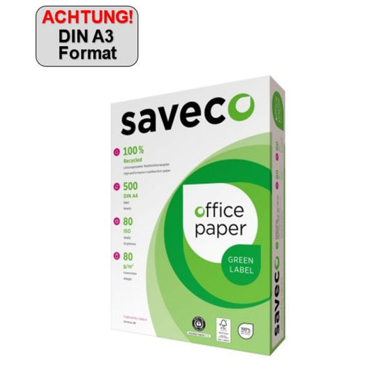 Saveco Kopierpapier Green Label DIN A3 80g/m² 100 % recycelt, chlorfrei gebleicht weiß 500 Bl./Pack.