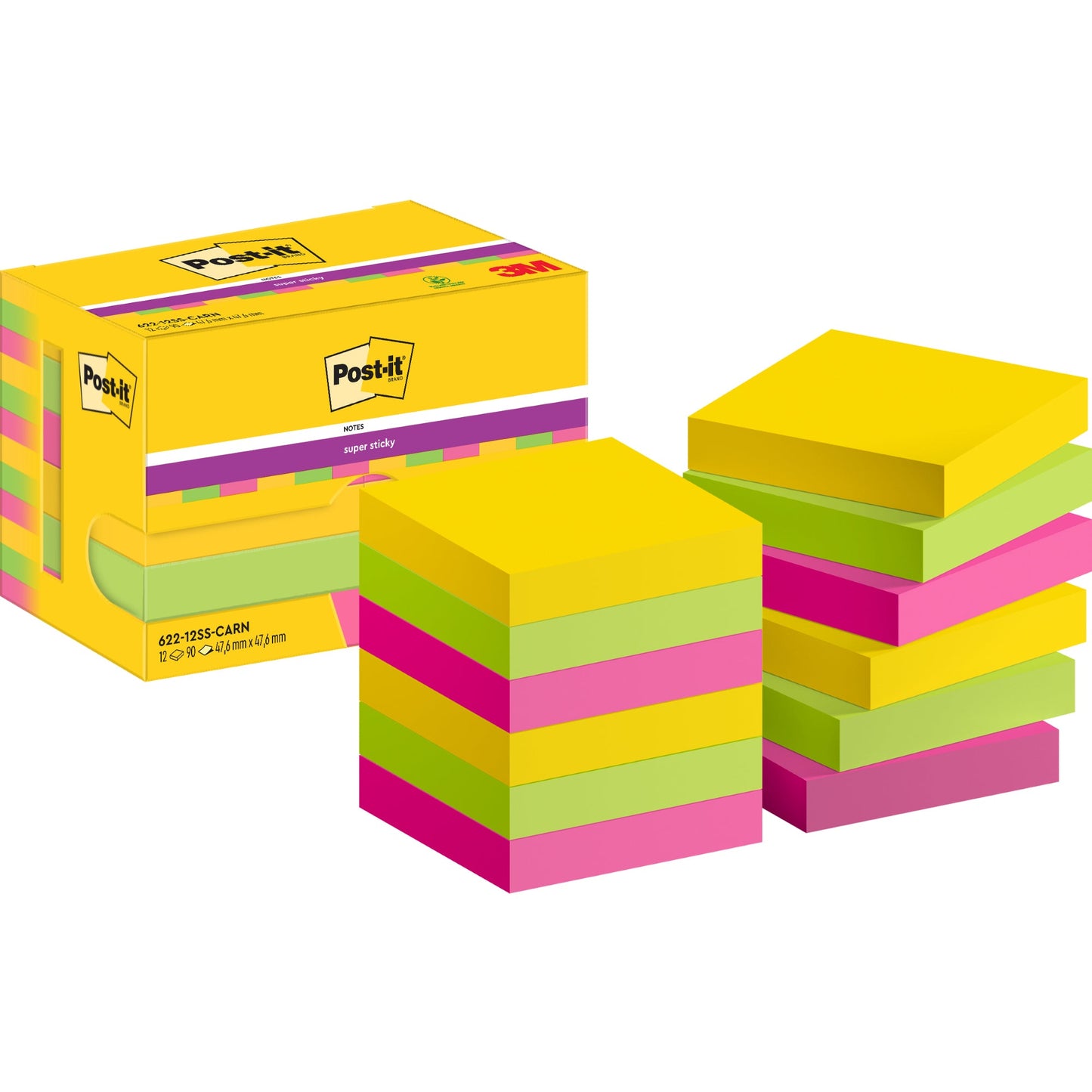 Post-it® Haftnotiz Super Sticky Notes Carnival Collection 47,6 x 47,6 mm (B x H) je 4 x ultragelb, limonengrün, powerpink 90 Bl./Block 12 Block/Pack.