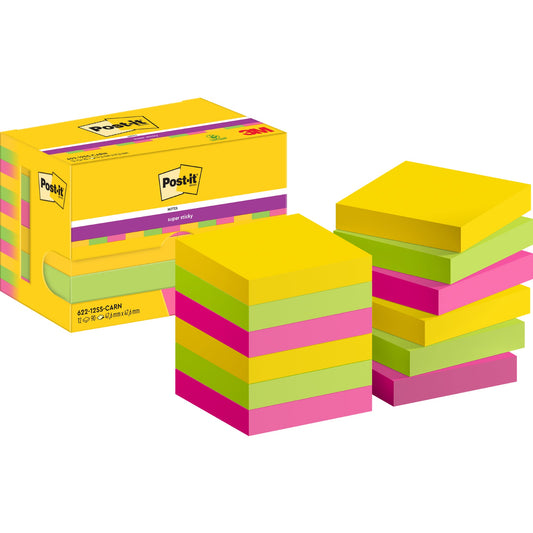 Post-it® Haftnotiz Super Sticky Notes Carnival Collection 47,6 x 47,6 mm (B x H) je 4 x ultragelb, limonengrün, powerpink 90 Bl./Block 12 Block/Pack.