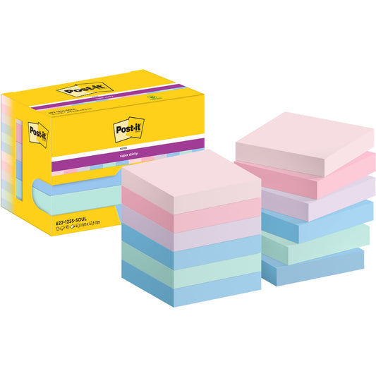 Post-it® Haftnotiz Super Sticky Notes Soulful Collection 47,6 x 47,6 mm (B x H) je 2 x rosa, flamingopink, flieder, mint, 4 x denimblau 90 Bl./Block 12 Block/Pack.