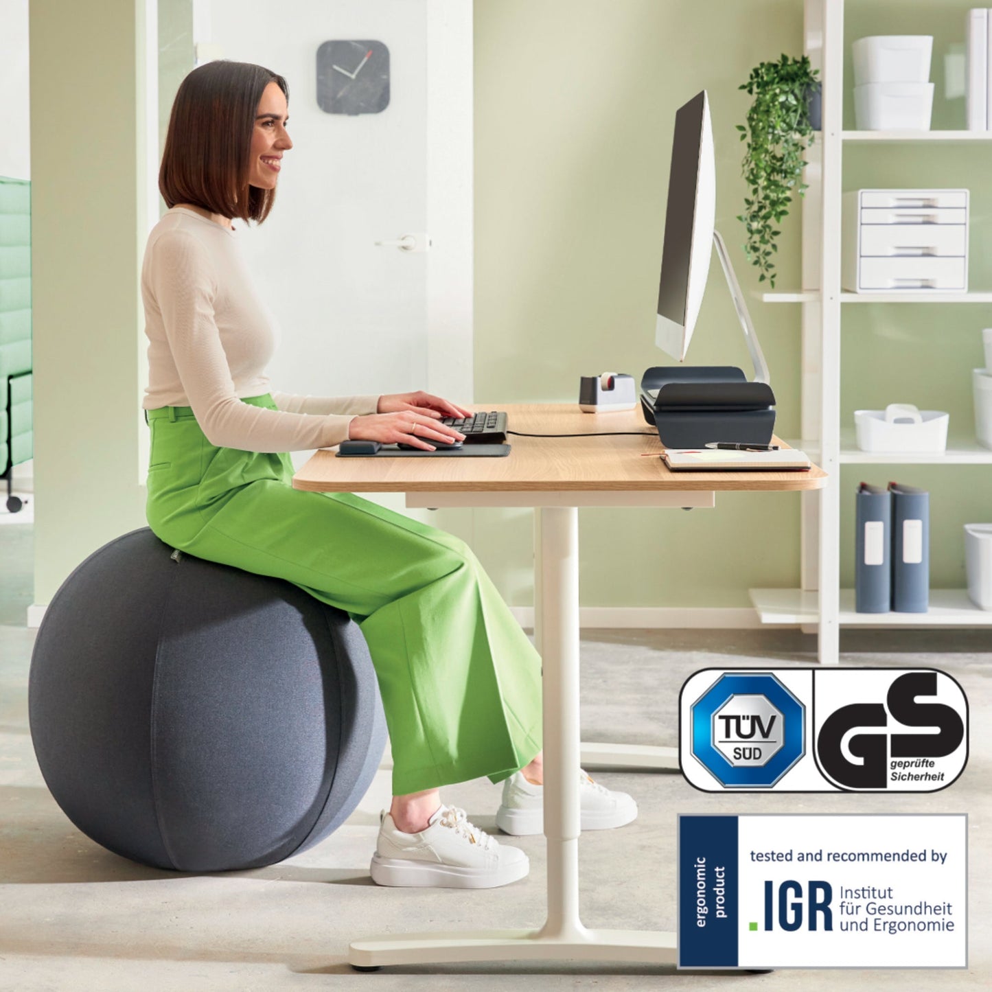 Leitz Sitzball Ergo Active 55cm inkl. Stoffüberzug, Handluftpumpe, 2 Verschlussstopfen, Stopfenentferner PVC, phtalatfrei 100 % Polyester samtgrau