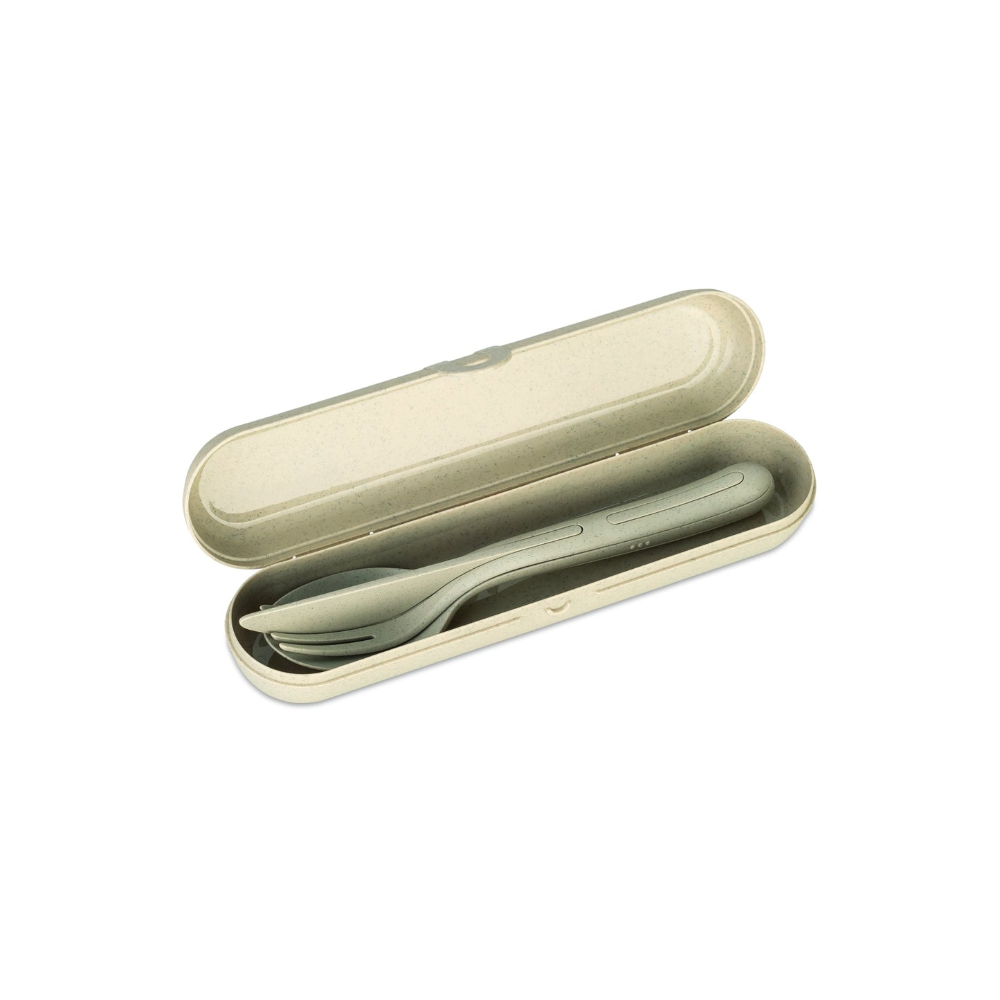 Koziol Besteckgarnitur KLIKK READY Mehrweg je 1 x Messer, Gabel, Löffel, Besteck Etui TPE Kunststoff nature desert sand