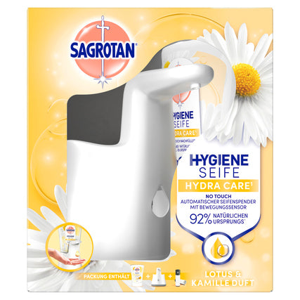 Sagrotan Seifenspender No-Touch Starter Set Sagrotan Flüssigseife No-Touch Aloe Vera 3226269, Brombeere & Waldfrüchte 3226521, Cashmere & Rose 3226496, Citrus 3227014 0,25l inkl. 250 ml Seife Lotusblüte & Kamillenöl Kunststoff weiß