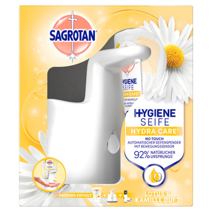 Sagrotan Seifenspender No-Touch Starter Set Sagrotan Flüssigseife No-Touch Aloe Vera 3226269, Brombeere & Waldfrüchte 3226521, Cashmere & Rose 3226496, Citrus 3227014 0,25l inkl. 250 ml Seife Lotusblüte & Kamillenöl Kunststoff weiß