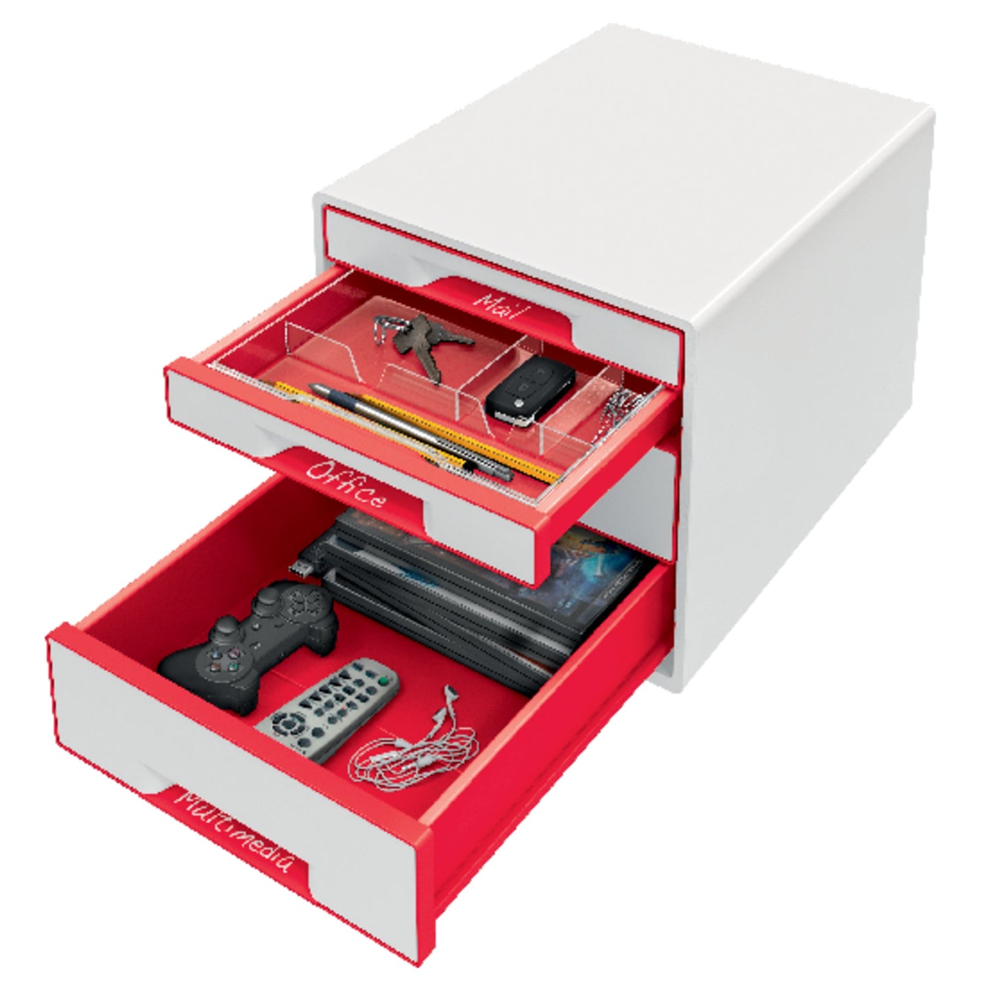 Leitz Schubladenbox WOW CUBE 4 Schubladen DIN A4 Polystyrol Gehäusefarbe: weiß Farbe der Schublade: rot/weiß